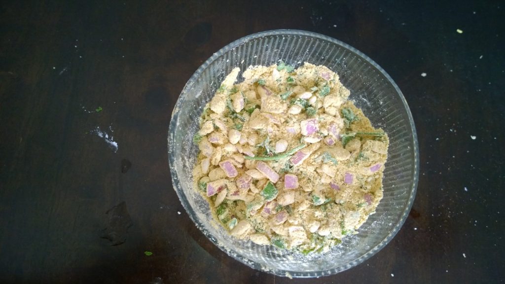 Sattu powder mixed with chopped onion, chopped garlic, chopped coriander leaves,crushed ginger, green chillies and mustard oil
