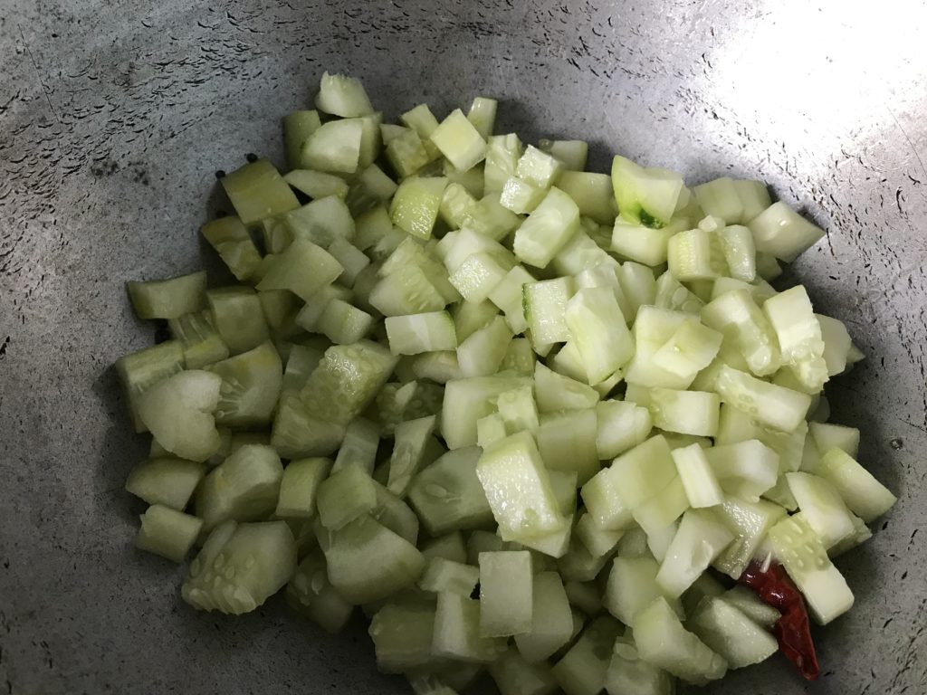 Cucumber pieces to be cooked.