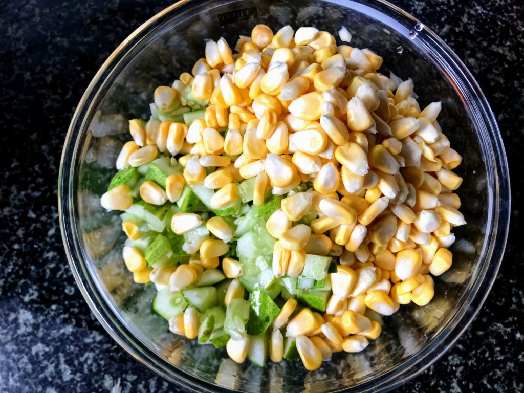 corn kernels, cucumber and raw mango