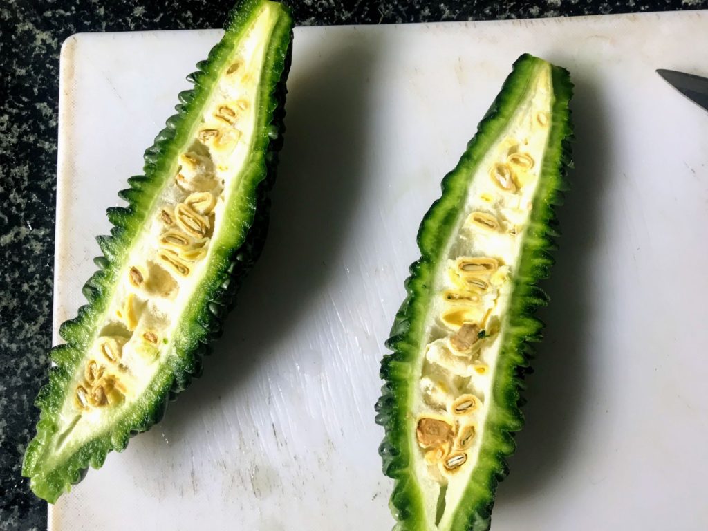Lengthwise halved bitter melon