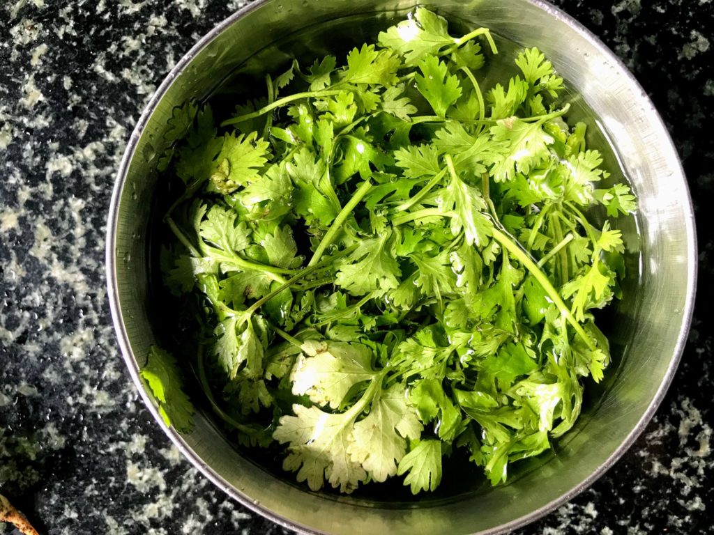 Coriander leaves soaked in water